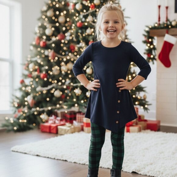 S NEW Girls Solid Navy Blue Dress, Asymmetric Hem, Long Top for Leggings - Picture 1 of 5